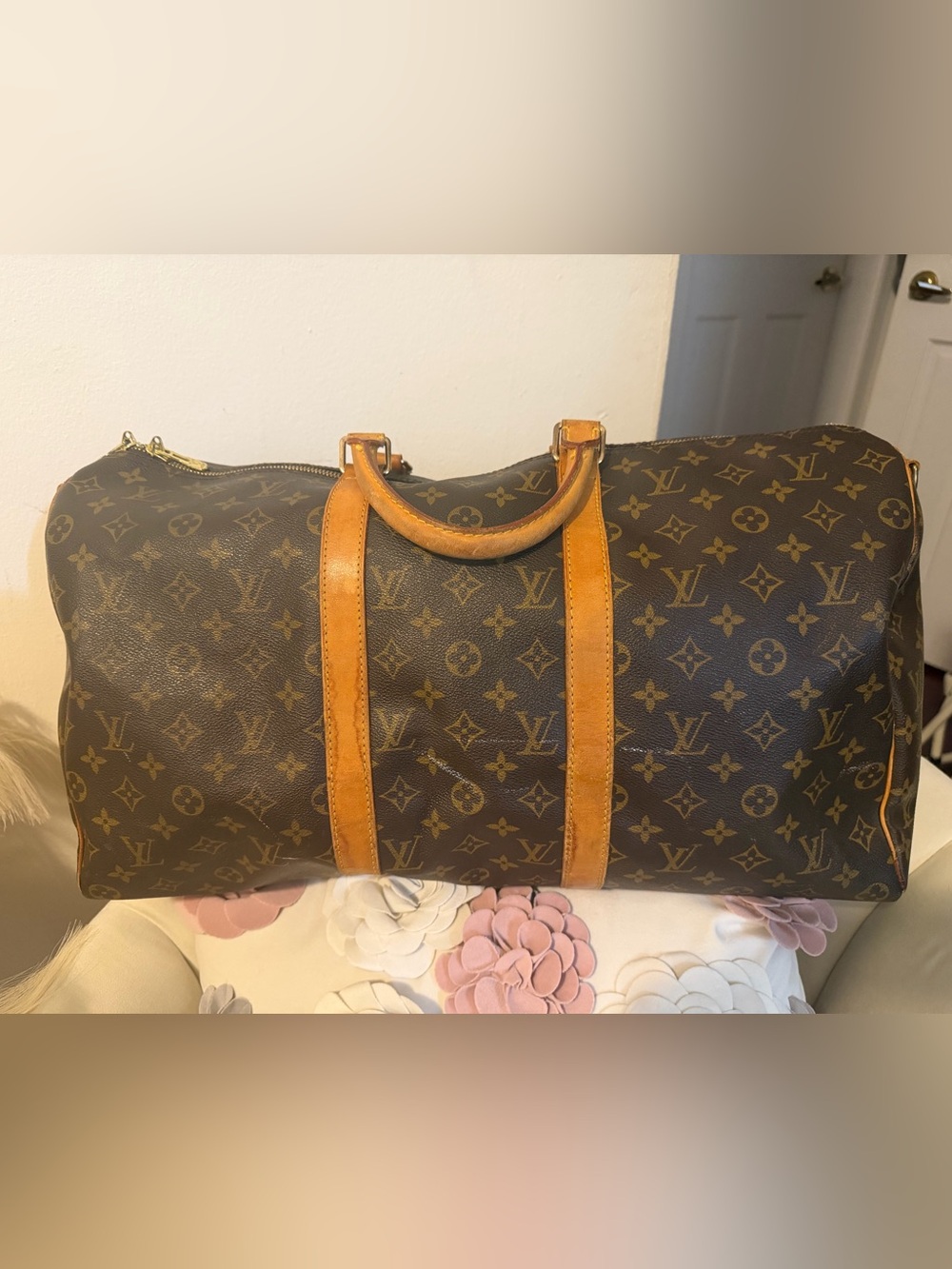 Louis Vuitton Brown Monogram Canvas Duffel with Tan Leather Handles